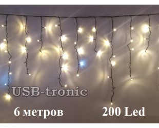 Уличная гирлянда для фасада дома Светодиодная бахрома 30-50-70 см Теплый белый свет 6 метров 200 LED Белый кабель 1,8 мм
